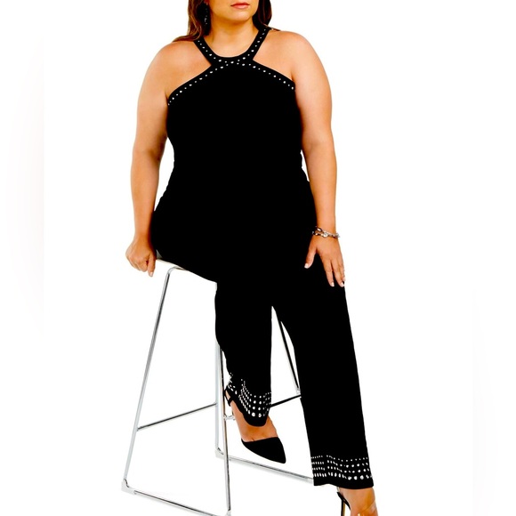 INC Womens Plus Studded Halter Jumpsuit - Deep Black - 2X - Picture 2 of 15